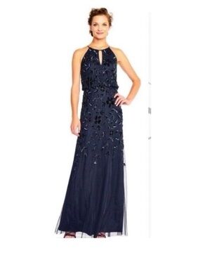 Adrianna Papell Halter Floral Sequin Maxi Gown Blue NEW